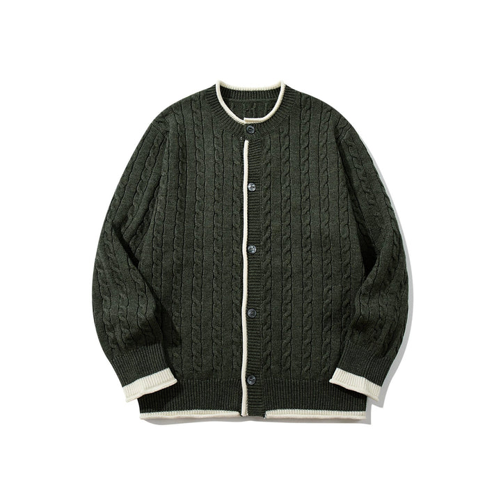 Unisex Kabelstrick-Cardigan mit Rundhals, kontrastierten Bündchen und durchgehender Knopfleiste Drune