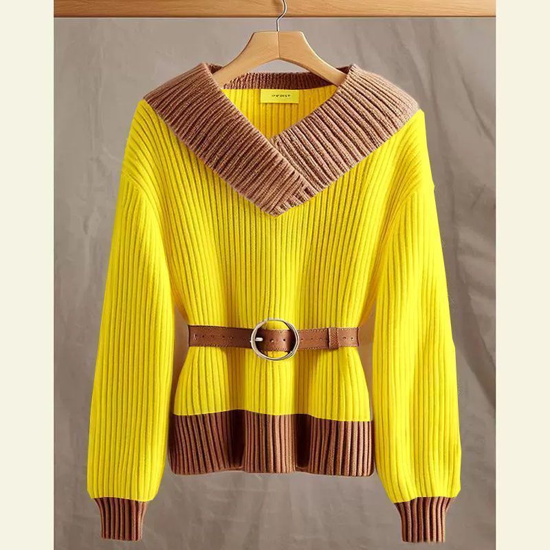 Damen Modischer und eleganter Strickpullover mit Gürtel Drune