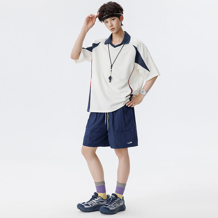 Herren Sportives Oversize-Poloshirt mit V-Ausschnitt, Kontrastpaspeln und atmungsaktivem Material Drune