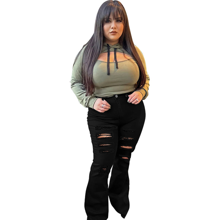 Damen High-Waist Schlaghose im Stretch-Denim mit mehrfachem Destroyed-Effekt Drune