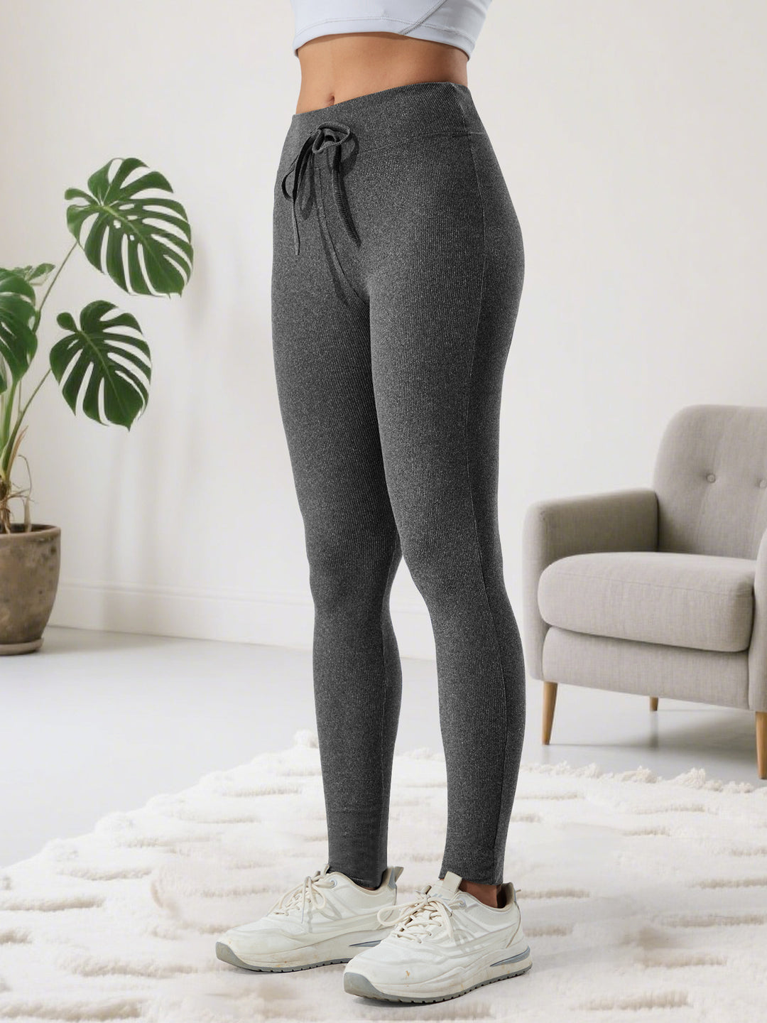 Damen Gerippte High-Waist Lounge-Leggings mit Kordelzug und figurformendem Bund Drune