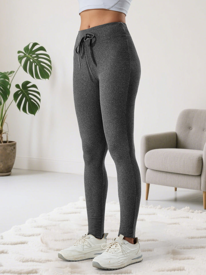 Damen Gerippte High-Waist Lounge-Leggings mit Kordelzug und figurformendem Bund Drune