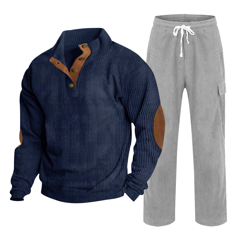 Herren Gemütliches Freizeit-Set aus Waffelstrick-Henley mit Ellenbogenpatch und Relax-Cargo-Hose Drune