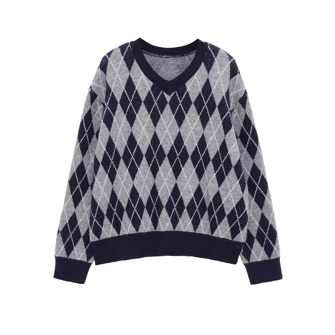 Damen Argyle V-Ausschnitt Strickpullover mit Rautenmuster Drune