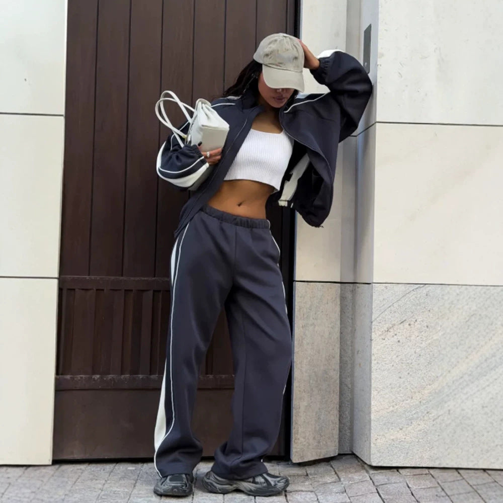Damen Oversize-Trackset mit Reißverschlussjacke, weitem Jogger und Kontrastseitenstreifen Drune