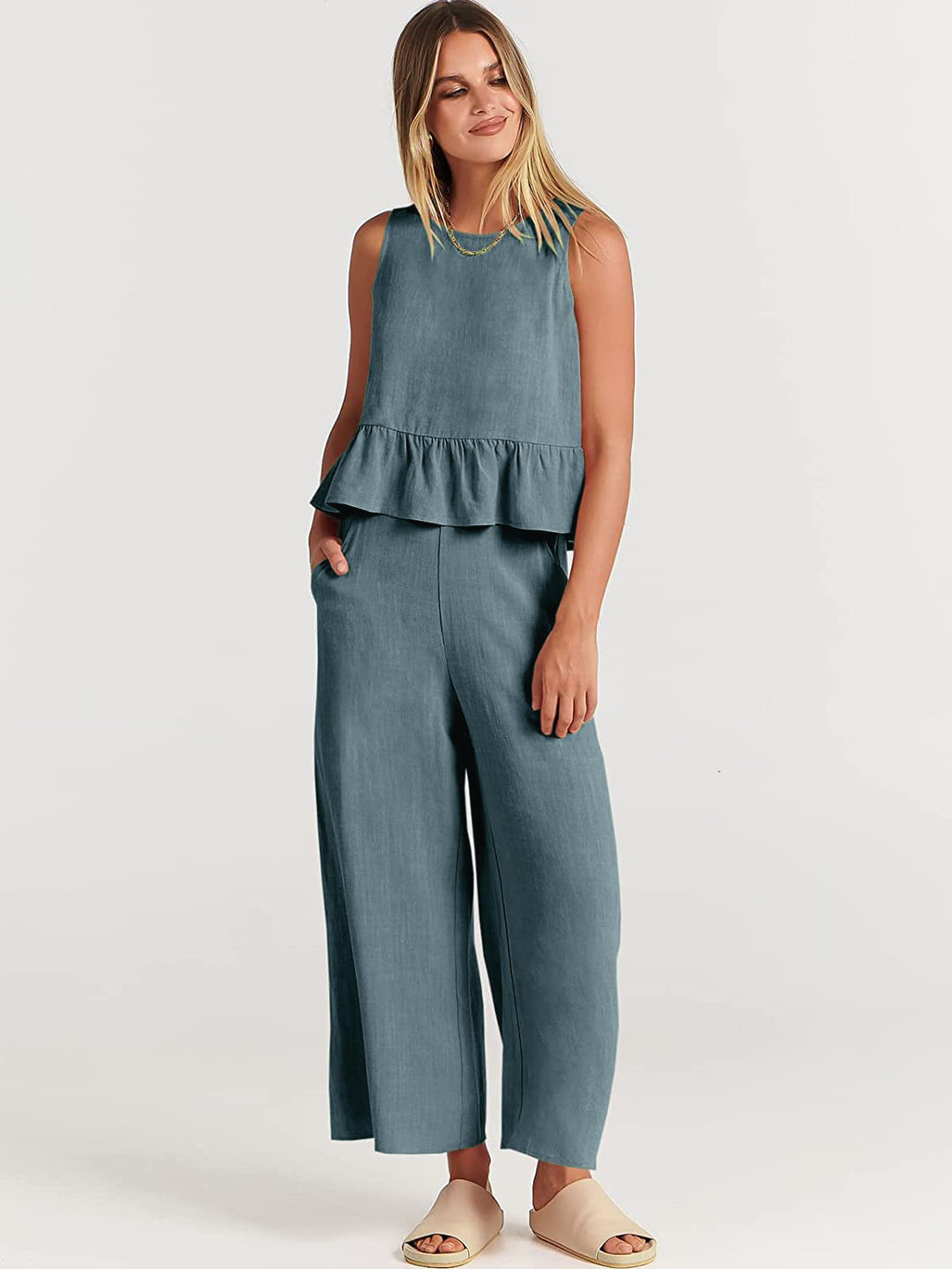 Damen Zweiteiler-Set mit schickem Peplum-Oberteil und weit geschnittenen Hosen Drune