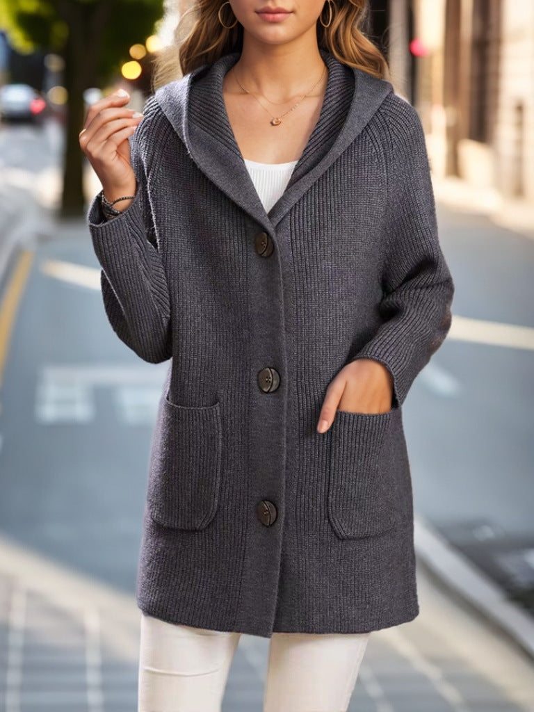 Damen nan lange gerippte Kapuzen-Strickjacke mit aufgesetzten Taschen und markanten Knöpfen Drune