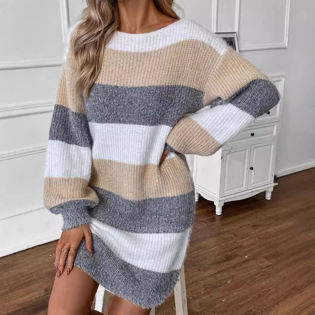 Damen gestreiftes Strickkleid mit weitem Schnitt Drune