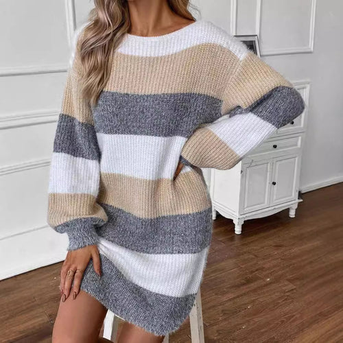 Damen gestreiftes Strickkleid mit weitem Schnitt Drune