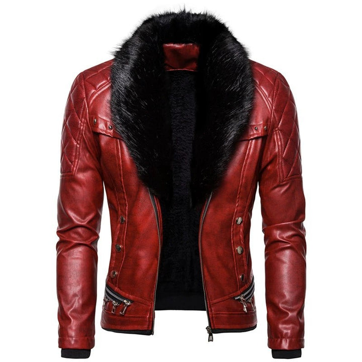 Herren stylische Kunstlederjacke mit Plüschkragen Drune