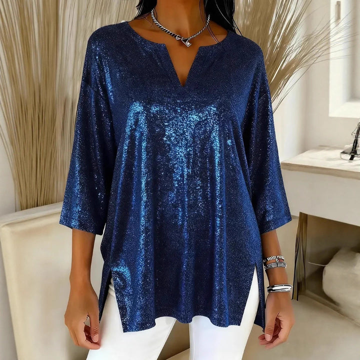 Damen Glitzerndes Oversize-Longshirt mit V-Ausschnitt und seitlichen Schlitzen Drune