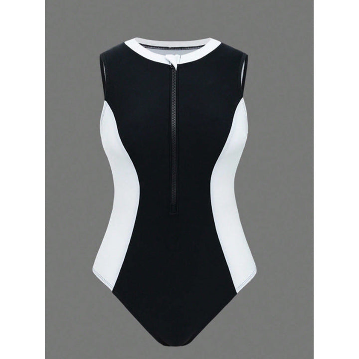 Damen Sportlicher One-Piece Badeanzug mit Reißverschluss und Farbakzenten Drune
