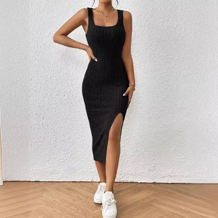 Damen figurbetontes Maxikleid mit hohem Schlitz und dekorativem Rippenmuster Drune