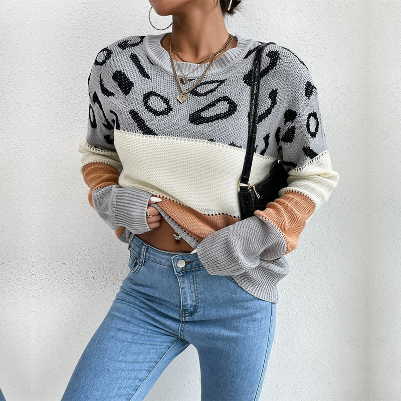 Damen Strickpullover mit Leopardenmuster und Blockstreifen Drune