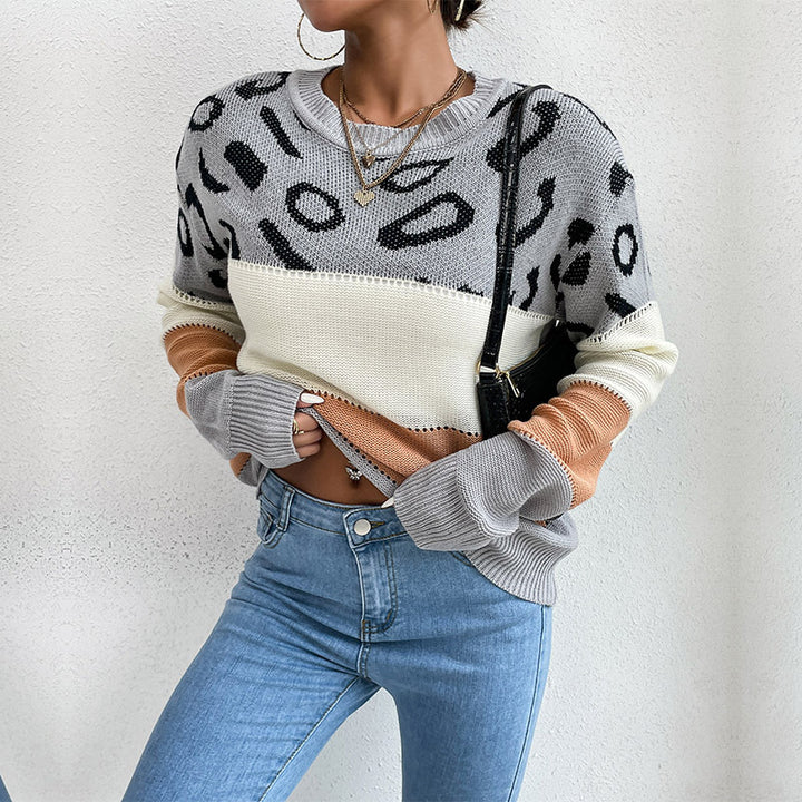 Damen Strickpullover mit Leopardenmuster und Blockstreifen Drune