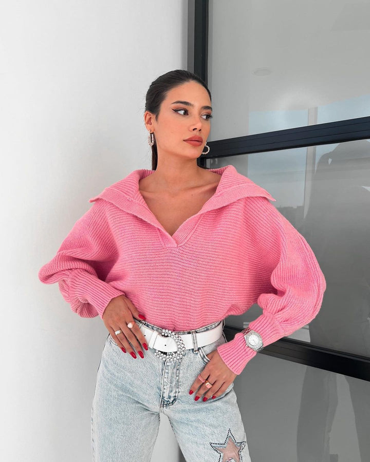 Damen Oversize Rippsweater mit Reverskragen und tiefem V‑Ausschnitt Drune