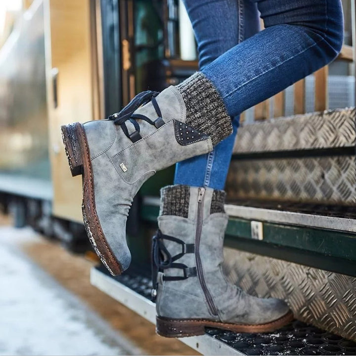 Damen Winterliche Kurzschaft-Stiefelette mit Strickmanschette, Zierkordel und Veloursoptik Drune