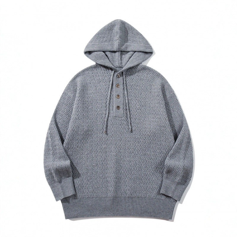 Unisex Strukturstrick-Hoodie mit halber Knopfleiste und Tunnelzugkapuze Drune