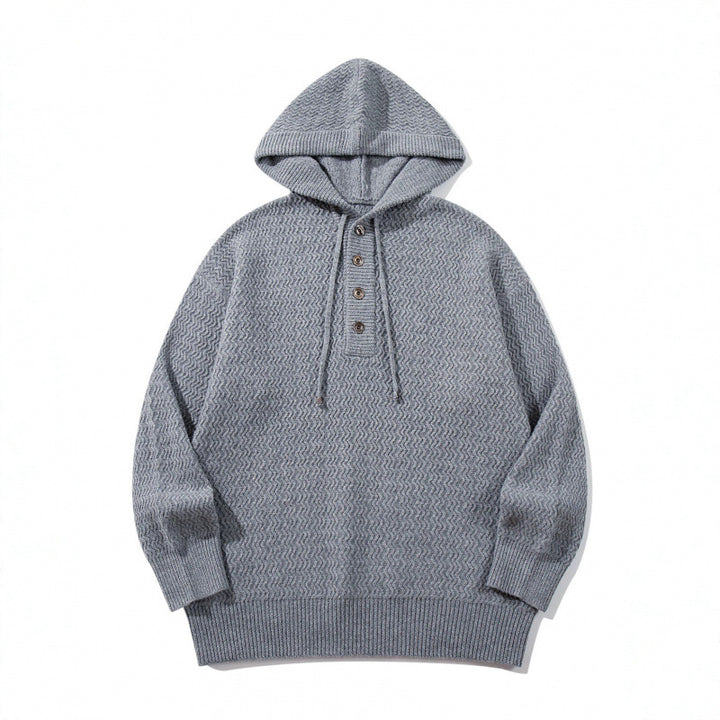 Unisex Strukturstrick-Hoodie mit halber Knopfleiste und Tunnelzugkapuze Drune