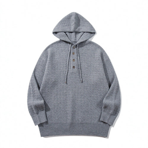 Unisex Strukturstrick-Hoodie mit halber Knopfleiste und Tunnelzugkapuze Drune