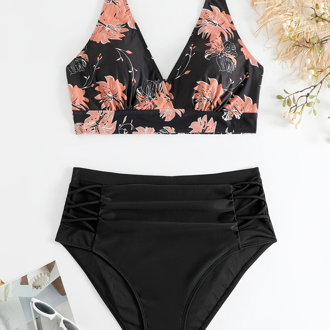 Damen Hochgeschnittener Bikini mit floralen Akzenten und raffinierten Details Drune