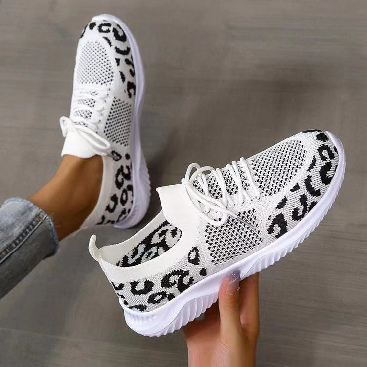 Damen Atmungsaktive Strick-Slipper mit gepolsterter Dämpfungssohle und Leoparden-Schaft Drune