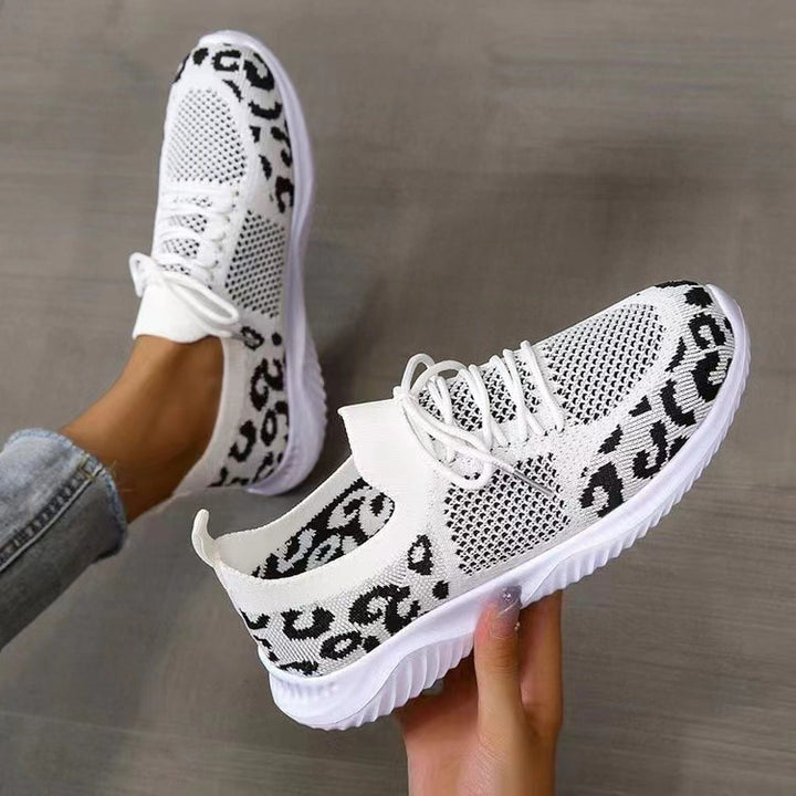 Damen Atmungsaktive Strick-Slipper mit gepolsterter Dämpfungssohle und Leoparden-Schaft Drune