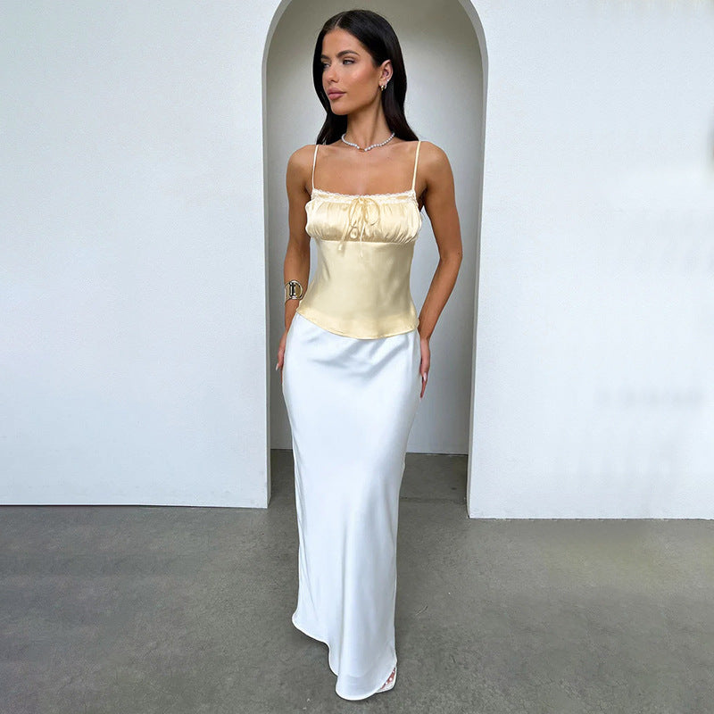 Damen elegantes Satin-Cami-Top mit Spitze und verstellbaren Trägern Drune