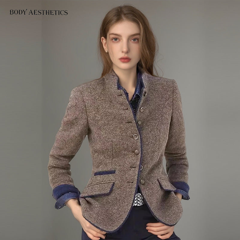 Damen Kurzblazer mit Stehkragen und Samtbesatz Drune