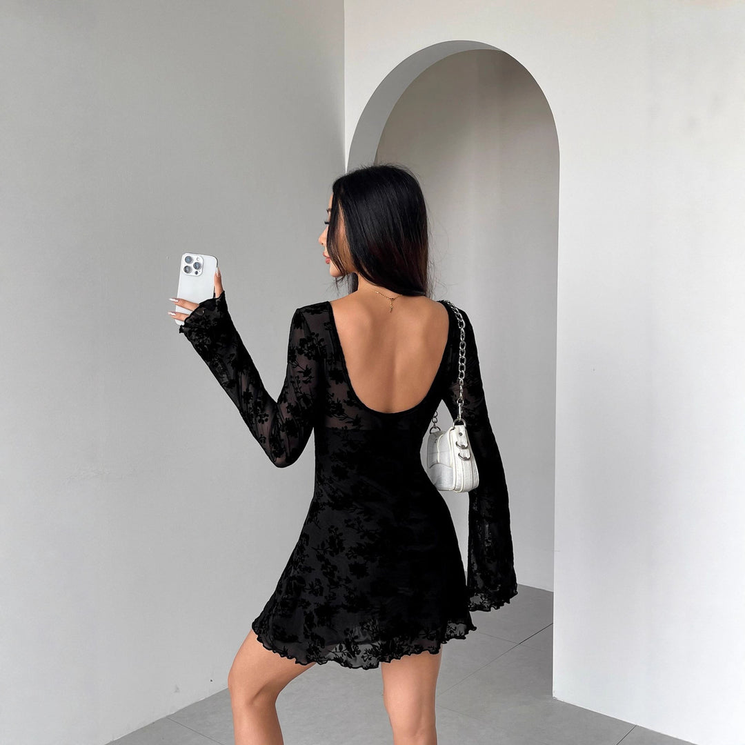 Damen nan kurzes Meshkleid mit floraler Samtflock-Optik, Ausschnitt-Öffnungen und Zierbändern Drune