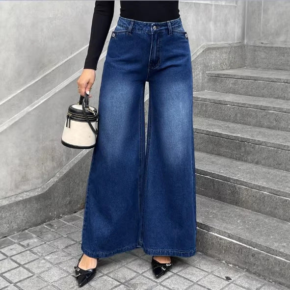 Damen High-Waist Denim-Palazzo-Hose mit fließendem Tellerfall und weitem Bein Drune