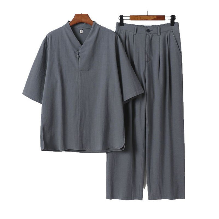 Herren Zweiteiliges Leichtes Kimono-Loungewear-Set mit Stehkragen Knotenverschluss Kurzarm und weiter Bundhose Drune