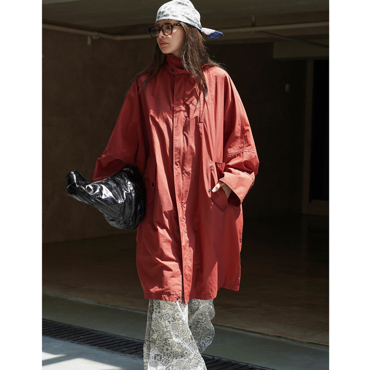 Damen Leichter Oversize-Regenparka mit hohem Stehkragen und verdeckter Druckknopfleiste Drune