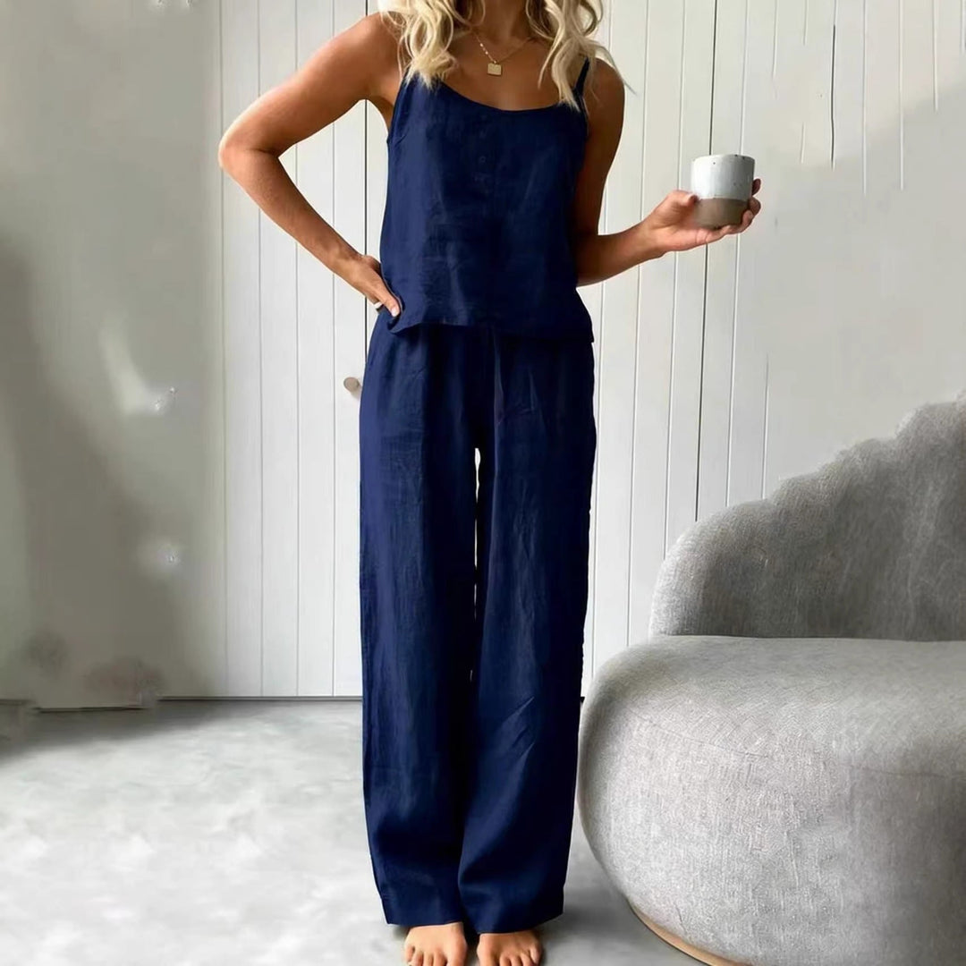 Damen lässiges Leinen-Set mit Trägershirt und weiten Hosen Drune