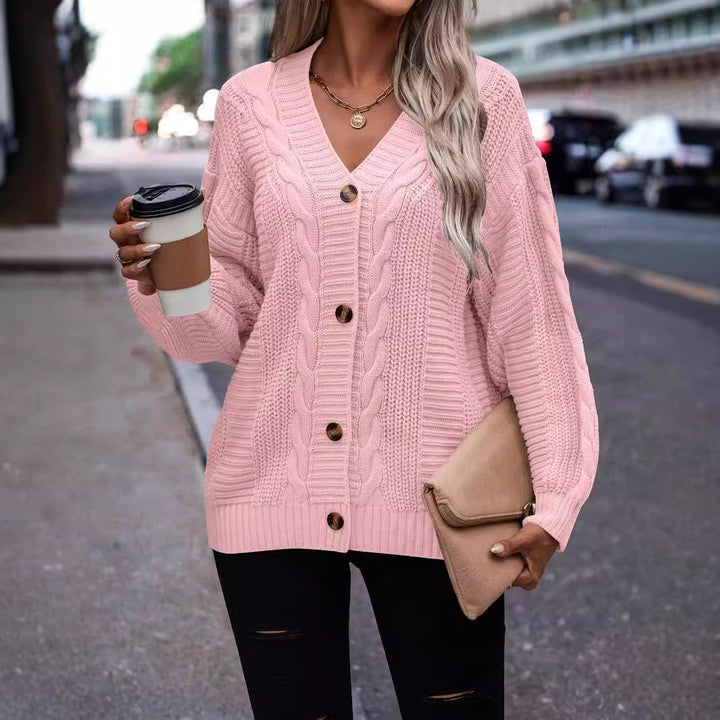 Damen modischer Strickcardigan mit Zopfmuster und Knopfdetail Drune
