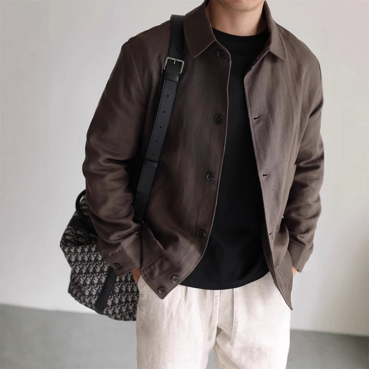 Herren Leichte Leinenjacke mit Hemdkragen und durchgehender Knopfleiste Drune