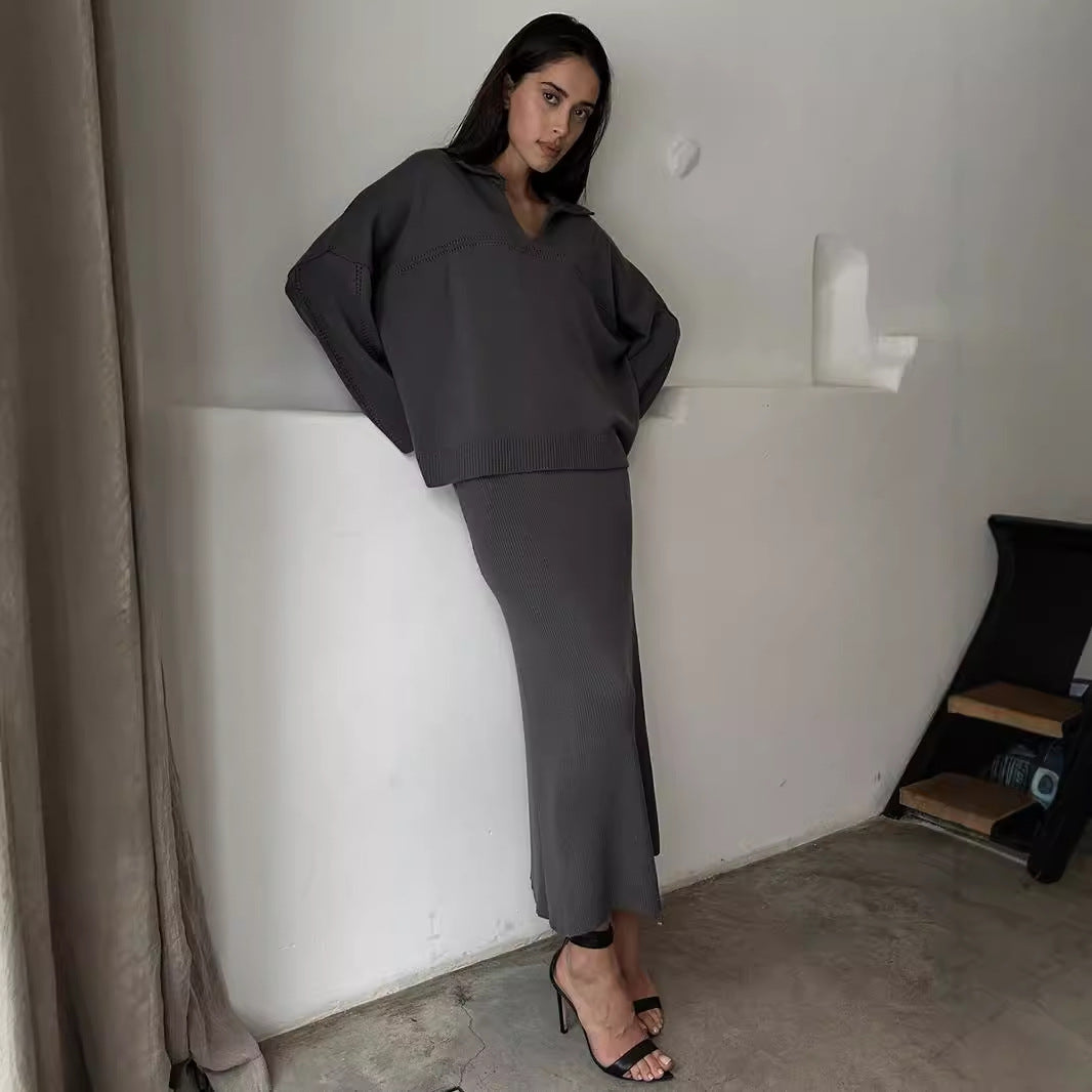 Damen Lässiger Pullover mit V-Ausschnitt und passendem Maxirock Drune