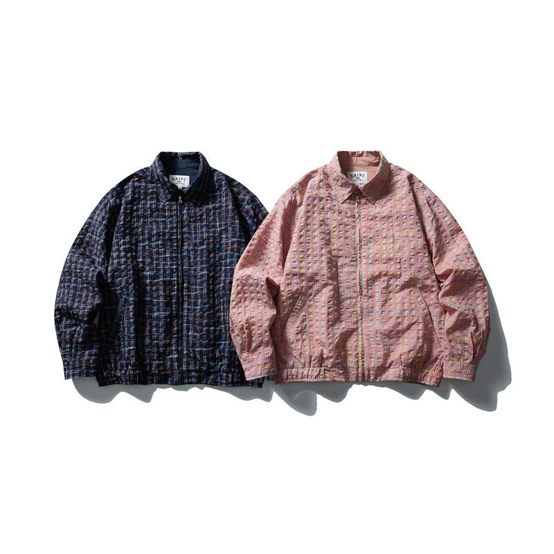 Herren Karierte Harrington‑Jacke mit Reißverschluss, Hemdkragen und elastischem Saum Drune