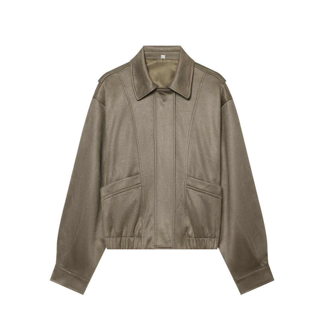 Damen Cropped Blousonjacke in Veloursoptik mit Hemdkragen, Pattentaschen und taillierendem Gummizug Drune