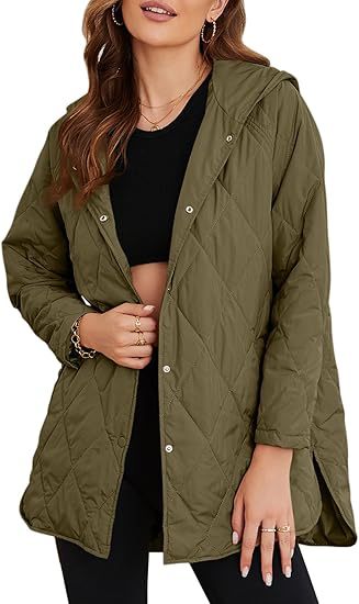 Damen gesteppte Kapuzenjacke mit Oversize-Schnitt, Druckknopfverschluss und Seitenschlitzen Drune