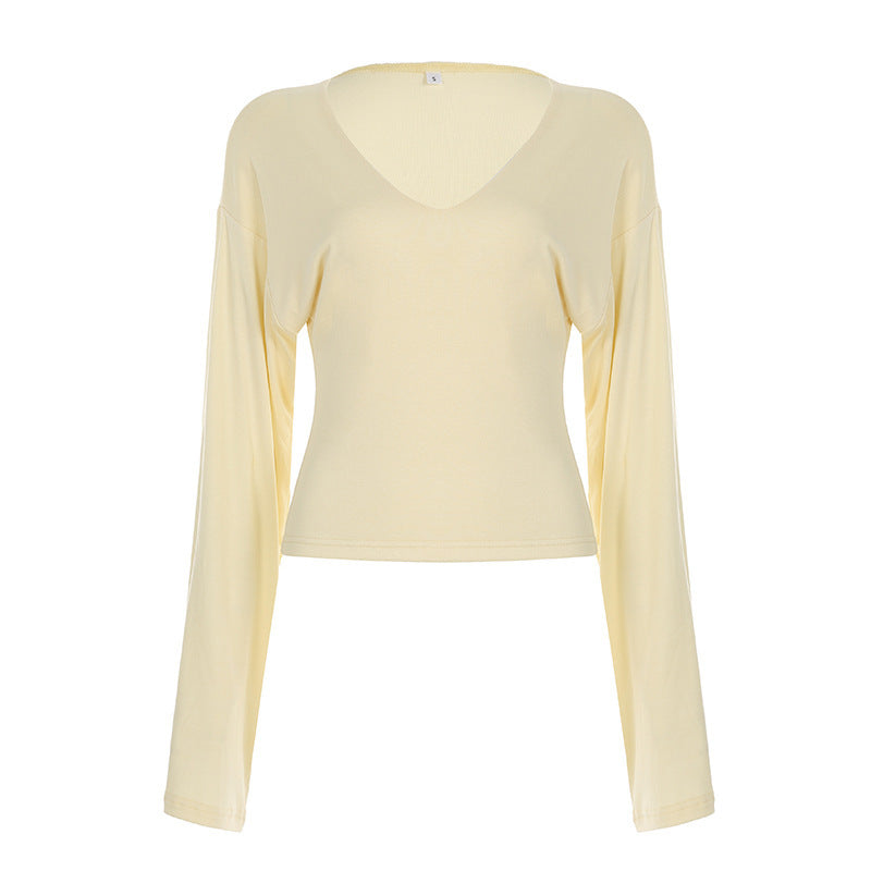 Damen nan tailliertes Langarm-Cropped-Shirt mit V‑Ausschnitt, überschnittener Schulter und soften Jersey-Qualität Drune