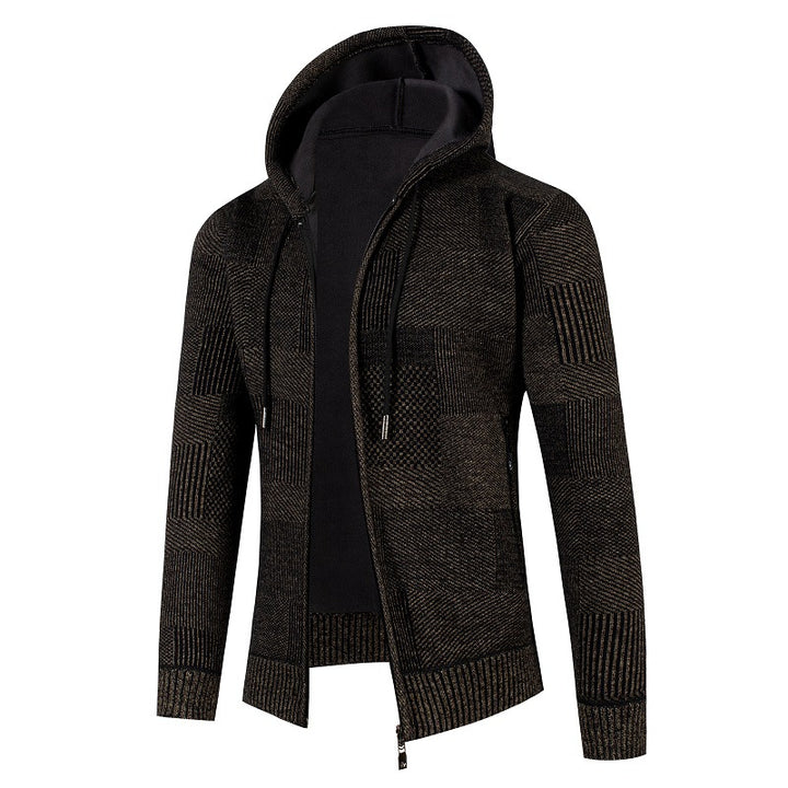 Herren Strukturierter Strick-Zip-Hoodie mit gefütterter Kapuze und grafischem Patchmuster Drune
