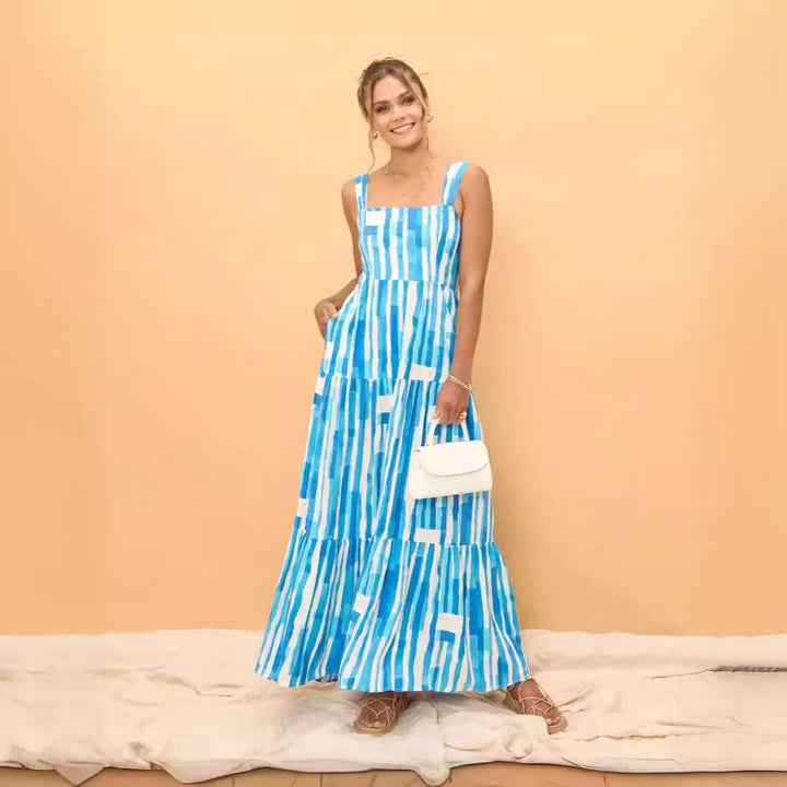 Damen Maxikleid mit verstellbaren Trägern und einzigartigem Streifenmuster Drune