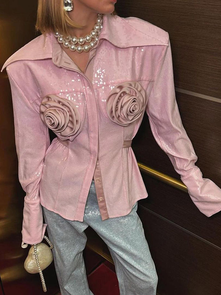 Damen Glamouröse Bluse mit 3D-Rosenapplikationen und Glitzer Drune