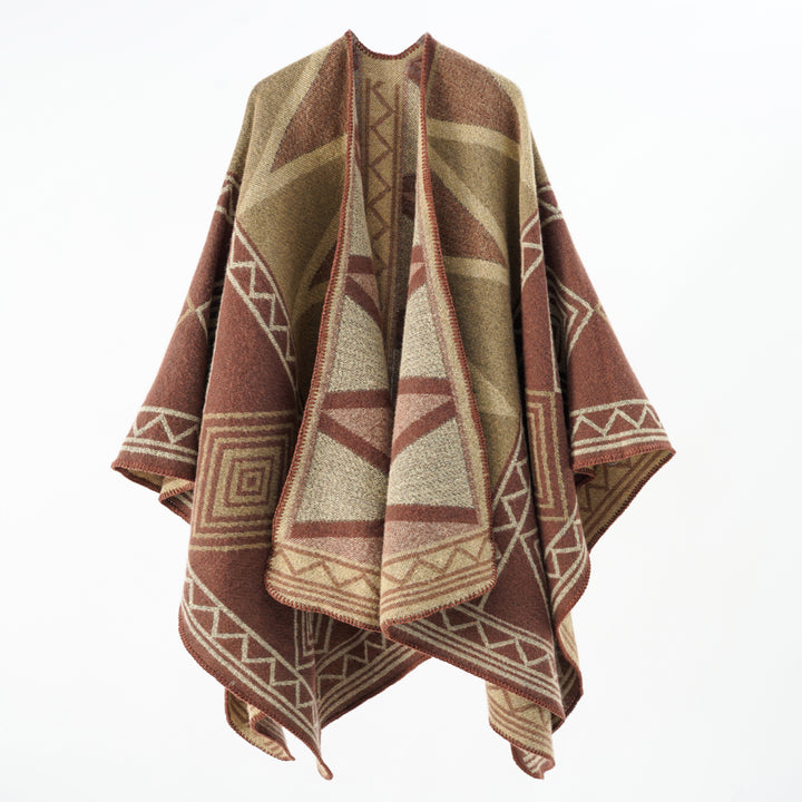 Damen Geometrischer Wollmix-Überwurfponcho mit Kettelkante Drune