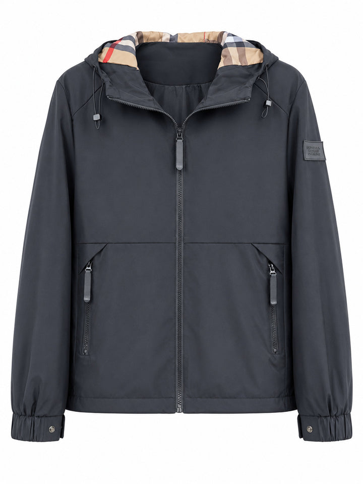 Herren leichte winddichte Softshell‑Kapuzenjacke mit kariert gefütterter Kapuze Drune