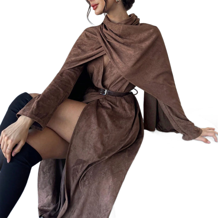 Damen Mantel mit Cape-Overlay und Wickelkragen aus Velourslederoptik Drune