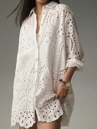 Damen Eyelet Detail Knopf-Up Tunika Shirt Drune