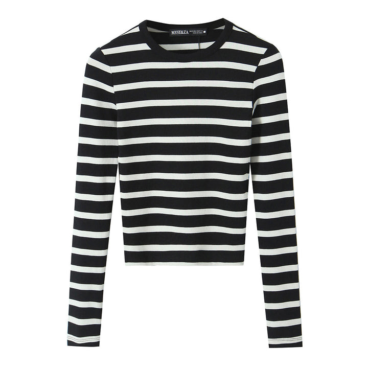 Damen Gestreiftes Cropped-Langarmshirt mit Rundhalsausschnitt Drune