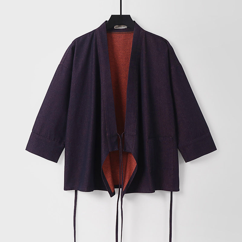 Damen Leichte zweifarbige Kimono-Jacke mit Bindebändern und kontrastiertem Innenfutter Drune